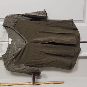 Army green loose top with lacey shoulder and sleeves